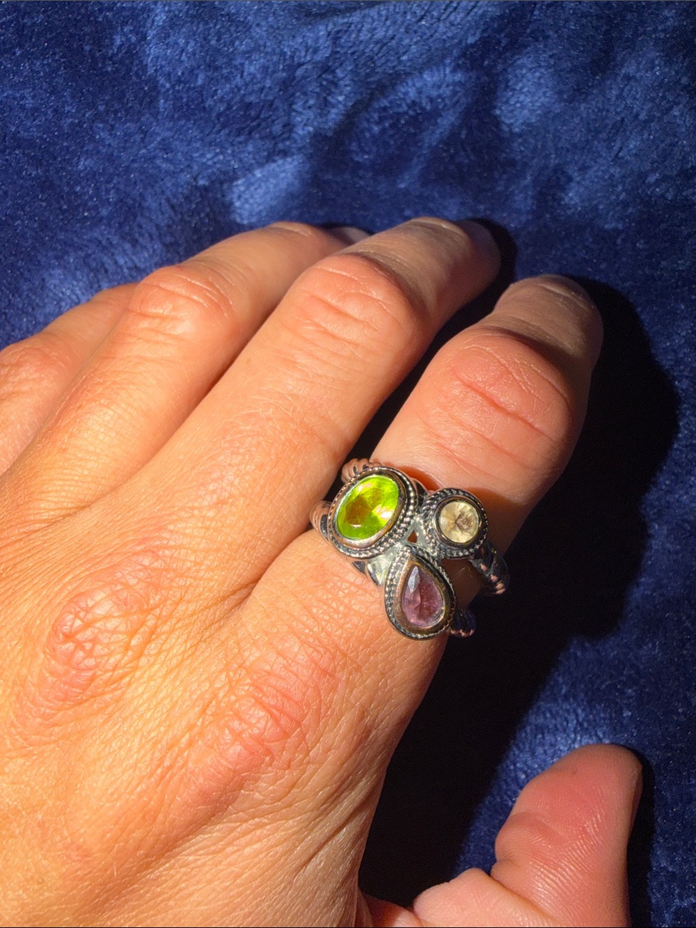 Vtg Silver Plated Multicolored Gemstones Statement Ring